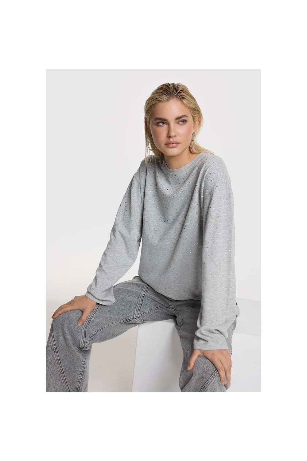 T-shirt gris manches longues à strass ALIX