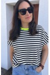 T-shirt rayé bleu et blanc col fluo