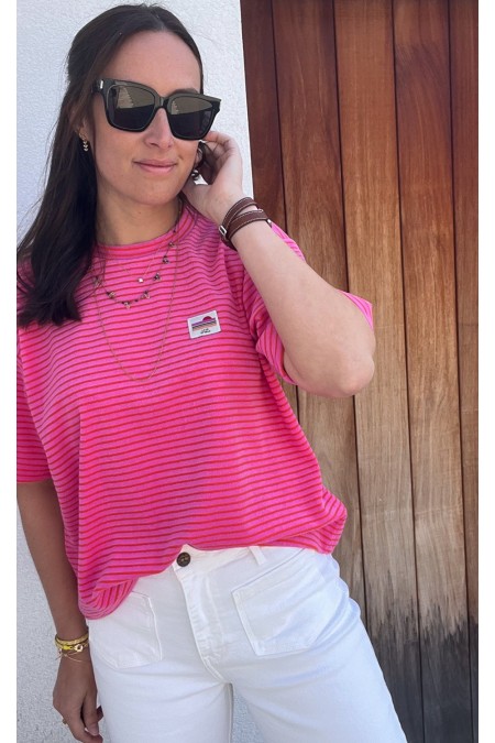 T-shirt rayé rose et rouge en éponge