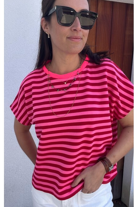T-shirt rayé rose rouge col fluo