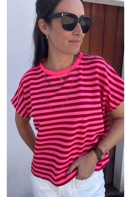 T-shirt rayé rose rouge col fluo