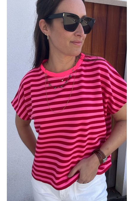 T-shirt rayé rose rouge col fluo