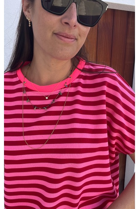 T-shirt rayé rose rouge col fluo