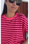 T-shirt rayé rose rouge col fluo